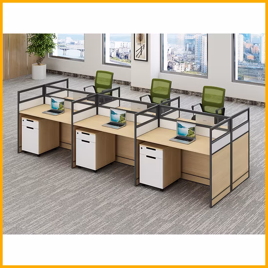Design semplice, tavolo da ufficio, cubicolo, divisori a 120 gradi, postazione di lavoro a 3 posti